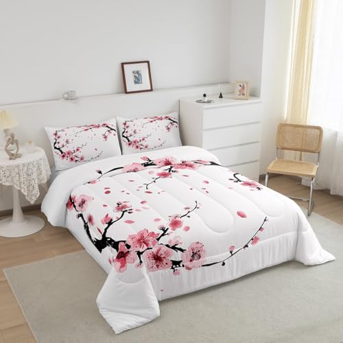 Image of Feelyou Cherry Blossoms Traditional Comforter Set King Size Bedding | Adults Japanese Sakura Flower Botanical Style Duvet Set Bedroom Decor Warm Cozy Breathable Lightweight All Season