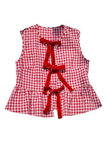 SweatyRocks Women's Bow Sleeveless Peplum Blouses Tie Front Gingham Plaid Summer Ruffle Hem Shirts