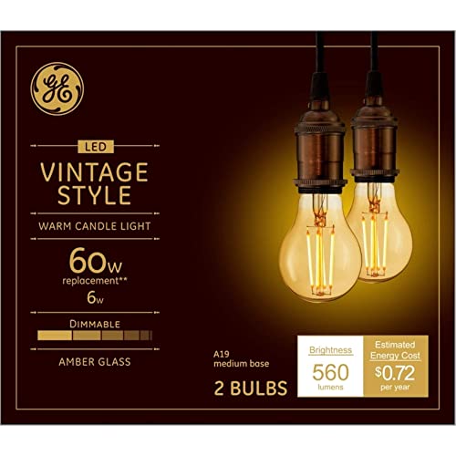 GE Lighting 42162 LED Vintage Light Bulb, A19, Warm White, Amber Bulb, 560 Lumens, 6-Watt, 2-Pk. - Quantity 1 by GE - Used condition - US$17.08