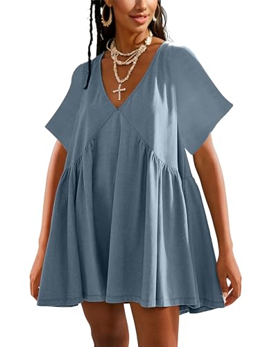 Image of Gozoloma Women Summer Short Sleeve Mini Dress Casual Loose V Neck Flowy Sundress Vacation Tshirt Sun Dress with Pockets