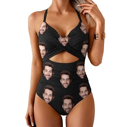 DIYKST Custom Face Swimsuit for Women Personalized One Piece Bathing Suit Black Bikini with Husband Face Customized