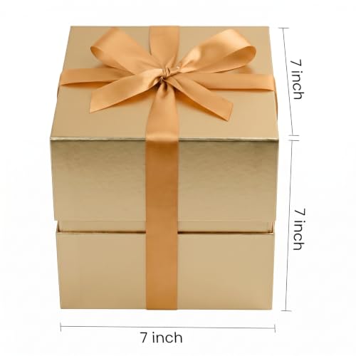 Image of LIFELUM Gold Gift Box 7 x 7 x 7 inch, 1 Pack Luxury Magnetic Closure Gift Box with Ribbon, Card, Shredded Paper Filler for Wedding, Business, Graduation, Bridal Gifts