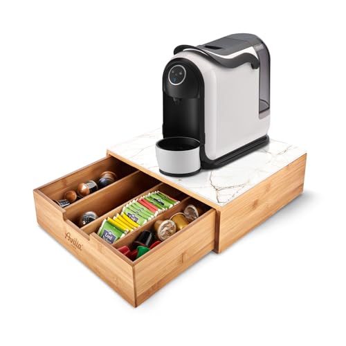 Immagine prodotto: Avilia - Porta Cialde Caffè e Porta Capsule in Bambù con Ripiano in Vetro Marmorizzato Bianco, Organizer per Angolo Caffè e Tè 30x30x10cm, Elegante e Compatto per Casa e Ufficio