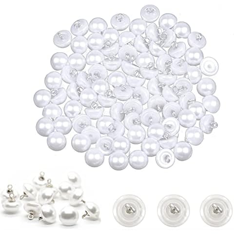 acdokuk 48 PCS 10mm White Pearl Buttons, Semi-Circular Pearl Buttons, ABS Material Pearl Rivets, Half Ball Dome Bead Cap with Metal Circle Hook, for Sewing DIY Knitting Embellishments Crafts Cover