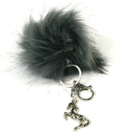 Black Ginger Soft Furry Pom Pom Fluffy Keyring Keychain with Horse, Cat or Owl (Horse)
