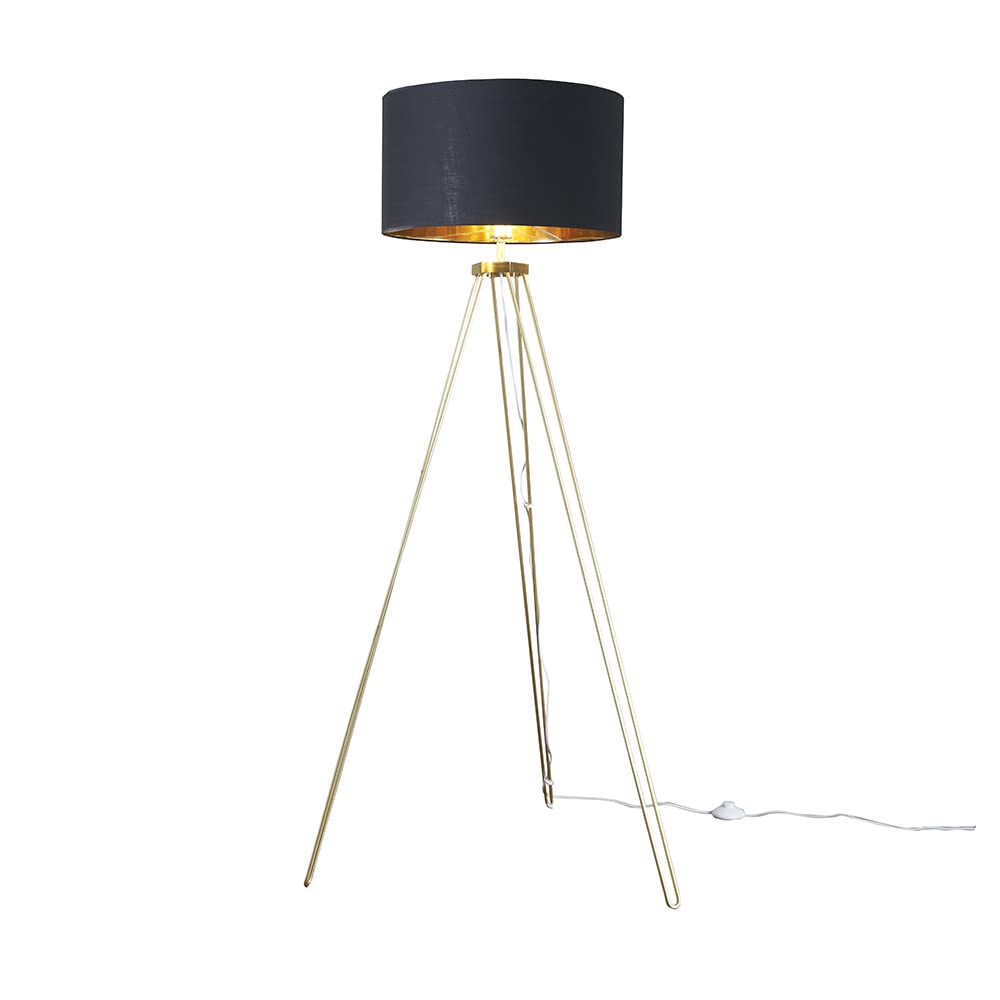 Aero Gold Metal Tripod Floor Lamp - Black & Gold Shade - Warm White Bulb
