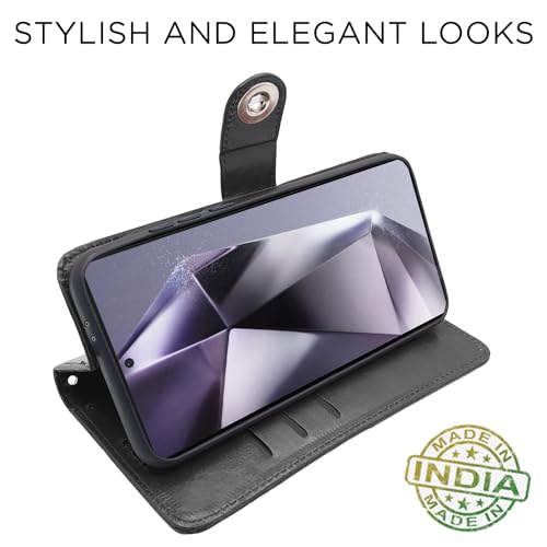 Image of Pikkme Samsung Galaxy S24 Ultra 5G Flip Cover Leather Finish | Inside TPU with Card Pockets | Wallet Stand and Shock Proof | Complete Protection Button Flip Case (Black)