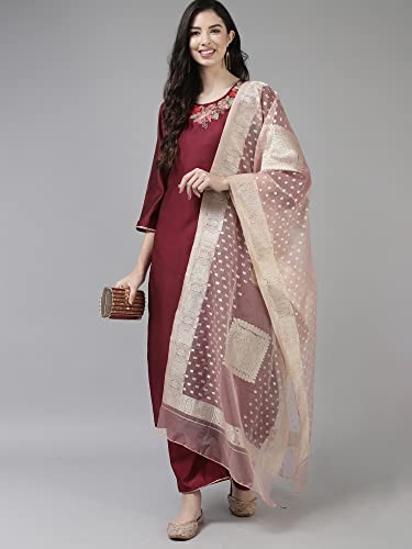 Image of INDO ERA Women's Embroidered Viscose Straight Kurta Palazzo With Dupatta Set (KH9PR3696)