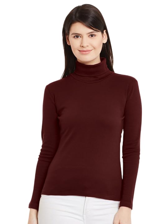 Image of Stylish Black Turtle Neck Cotton Solid Tshirt for Women