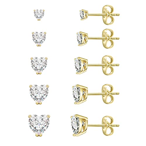 Kainier 5 Pairs 14K Gold Plated Stud Earrings Set Heart Cubic Zirconia Simulated Diamond 316L Stainless Steel Cz Hypoallergenic Ear Stud Gift For Women Girls 3-7Mm #TOP26