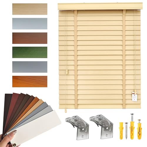 Genérico 40~160cm Persiana Veneciana de Madera, Persianas Horizontales para Ventanas/Puertas/Balcones, Lamas De 50mm Cortinas Opacas, Madera AutéNtica Natural Persianas Venecianas(Crema)