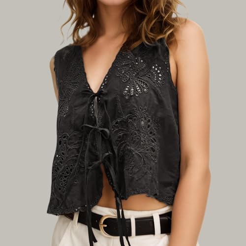 Women Summer Beach Boho Eyelet Embroidered Tie Front Vest Sleeveless Tank Cute 2025 Y2K Clothes2