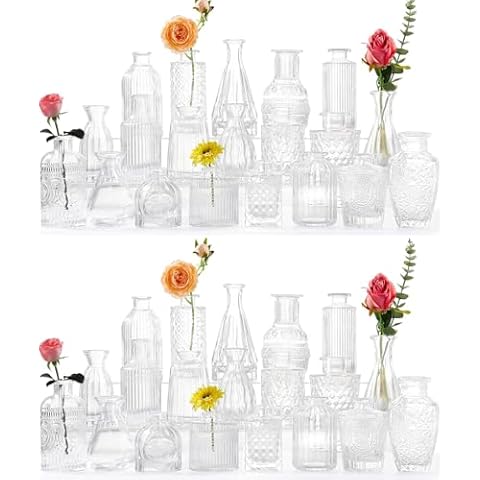 QLOFEI 40Pcs Glass Bud Vases Set, Clear Vintage Small Glass Vases for Centerpieces, Mini Vases Flower Vases Bulk for Rustic Wedding Decorations Floral Arrangements Home Table Decor Cover