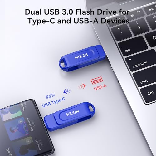 Image of KEXIN Dual 128GB USB 3.0 Flash Drive Pen Drive 110MB /s Swivel USB-A & Type-C Memory Stick for Smartphone Tablet iPhone 15 /16 /17 Car Game Console, Blue