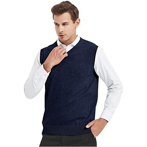 TopTie Men Business Solid Color Plain Sweater Vest, Cotton Fit Casual Pullover-Navy-XL Cover