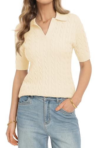 Image of QUALFORT Cable Knit Women's Short Sleeve Sweater Soft V Neck Polo Tops