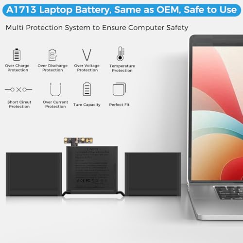 Image of A1708 Battery, A2171 A1713 A2159 A2289 A2338 Replacement for MacBook Pro 13 Inch A1708 (Late 2016, Mid 2017 Years) (Upgraded High Performance 54.5Wh 11.4V 4781mAh Li-Polymer)