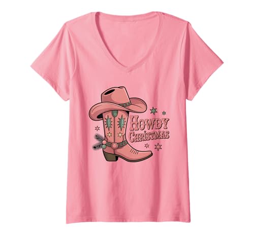 Femme Howdy Bottes de Noël Cowgirl Country Femmes Western Xmas T-Shirt avec Col en V