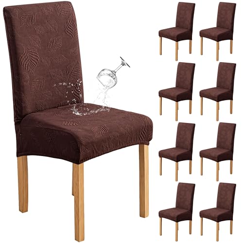 Image of Waterproof Dining Chair Cover Set of 8,Kitchen Chair Cover,Chocolate | Stretch Dining Room Chair Slipcovers with Leaf Jacquard,Removable Kitchen Chair Protector for Home,Restaurant,Banquet