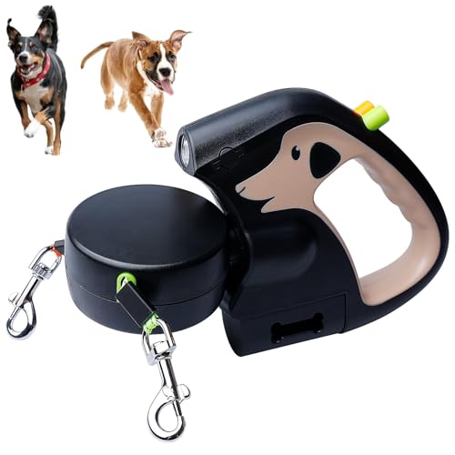 Guinzaglio doppio per 2 cani, 3 m, con luce, doppio guinzaglio retrattile, girevole a 360°, impugnatura antiscivolo, per cani di piccola e media taglia