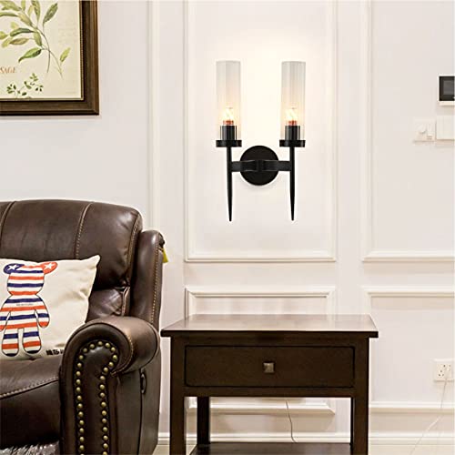 Image of BOKT Modern 2-Lights Matte Black Metal Vanity Light Fixture Clear Crystal Glass Bubble Wall Sconce Lighting Mid Century Wireless Wall Mounted Bedside Wall Lamps