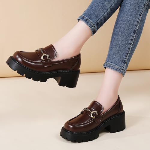 Image of Chunky Loafers Women Shoes Platform Loafers Womens Loafer Heel | Comfortable Penny Lightweight Metal Buckle Work Office Dress Business Casual Formal Ladies Women's Slip-Ons