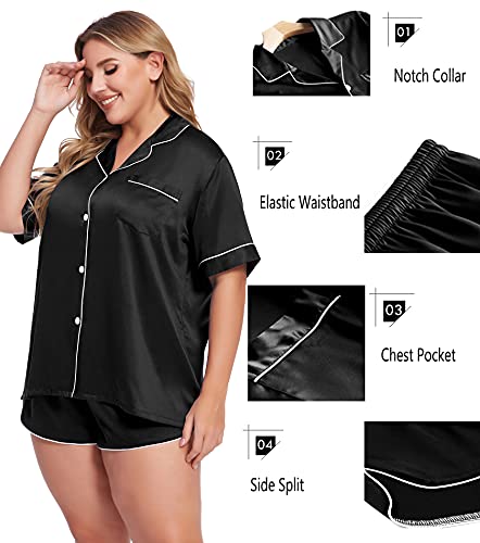 Swomog Womens Satin Plus Size Pajamas Silk Button Down Shorts Set Pajama Shorts 2Pcs Short Sleeve Pjs Sets Loungewear Black #TOP2
