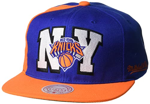 Mitchell & Ness New York Knicks NBA Rear Script Deadstock Snapback Hat Adjustable Cap - Royal/Orange