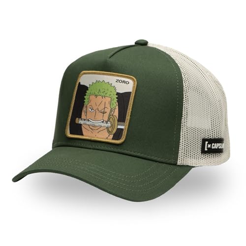 Gorra Hombre y Mujer de One Piece, Gorra Trucker Luffy, Ajustable con Snapback, Verde oscuro/Beige, Talla única