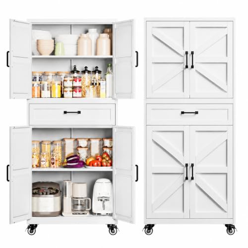 Image of White Metal Kitchen Storage Pantry Cabinet Rolling Garage Storage Cabinet