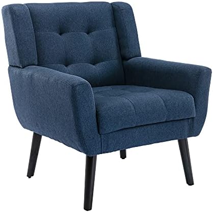 Dolonm Midcentury Modern Accent Chair with Arms, Upholstered Fabric Reading Side Chair Tufted Back Decorative Wingback Chair for Living Room Bedroom (Blue)