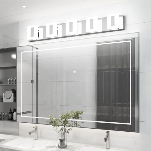 Image of Modern LED Bathroom Vanity Lights, 5 Light 6000K Cool Light Chrome Wall Lighting Fixtures, Acrylic Stainless Steel Vanity Lighting Over Bathroom Vanity Mirror
