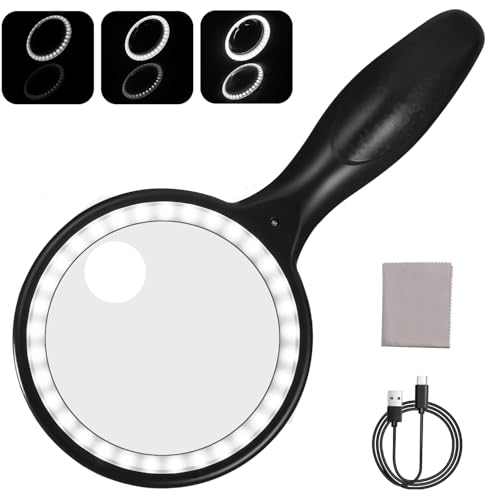 5X 20X Lente d'ingrandimento con Luce, Lente Ingrandimento Palmare con 33 LED, Lente di Ingrandimento Ricaricabile, 3 Modalità, LED Lente Ingrandimento per Lettura, Anziani, Gioiellieri, Bambini