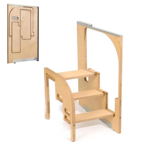 Taburete oculto plegable ultrafino de madera, escalera de cocina multifuncional con almacenamiento de ranura estrecha integrada, diseño universal izquierda/derecha, taburete plegable que ahorra