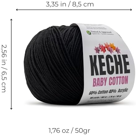 Keche Baby Cotton, 60% Cotton 40% Acrylic Yarn, Soft Cotton Yarn for Crochet and Knitting, Amigurumi Yarn 1 Skein/Ball 1.76 Oz (50g) / 180 Yrds (165m) - Black