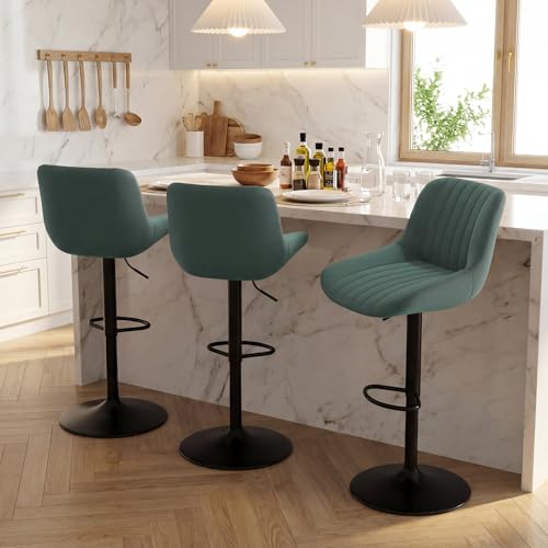 Image of Nalupatio Bar Stools Set of 3, Adjustable Modern Swivel Bar Stools with Backs, Counter Height Performance Fabric Island Chairs for Home Kitchen, Dark Green
