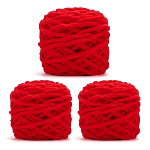 Image of INNDUN Blanket Yarn 3 Pack of 100g /3.5oz - Chenille Yarn 6 Super Bulky - Knitting, Crocheting & Crafts Chunky Yarn Red