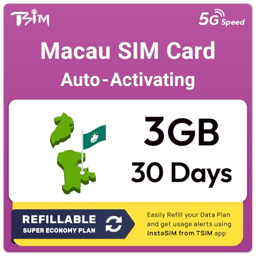 Macau Tarjeta SIM | Plan Recargable Súper Económico de 3 GB | Activación automática, validez de 30 días | Velocidad 5G + Hotspot | Solo Datos, sin número de teléfono.