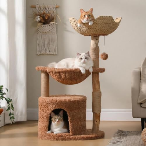 PAWZ Road Modern Cat Tree with Real Wood&Wicker Basket for Large Cats Brown