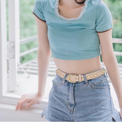Studded Womens Belts for Jeans, Fashion Genuine Leather Belts for Women, Double Grommet Womens Belt2
