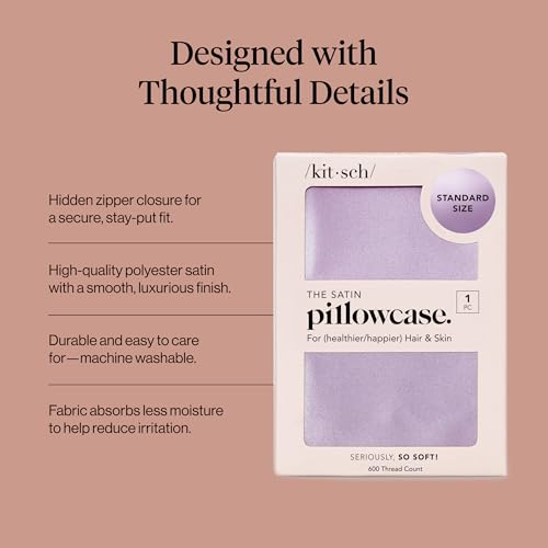 Image of Kitsch Satin Pillowcase with Zipper - Standard Size, Lavender | Softer Than Silk Pillow Cases, Smooth Cooling Satin Pillow Case for Hair and Skin, Wrinkle-Free, Machine Washable