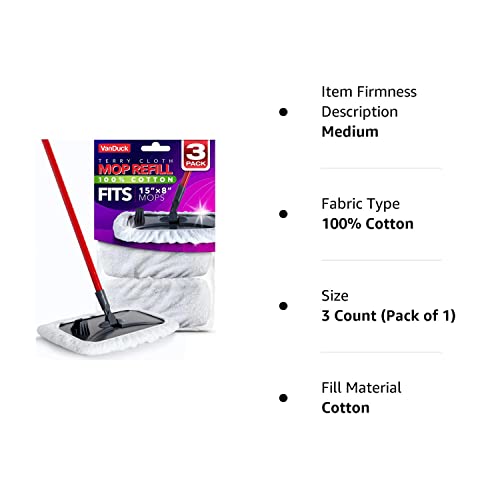 Vanduck 100% Cotton Terry Mop Pads 15X8 Inches 3-Pack, Terry Cloth Mop Covers (Mop Is Not Included) #TOP7