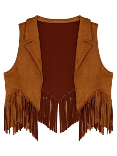 renvena Suede Cowgirl Vest for Kids Girls Halloween Lapel Sleeveless Open Front Fringe Suit Vest3