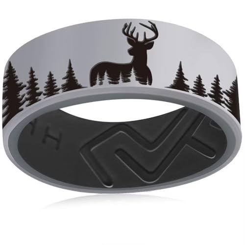 AONEW Silicone Deer Ring for Men & Women,Forest Elk Promise Wedding Band, Breathable Flexible Rubber Ring, Lightweight Comfort Fit for Outdoors, Hunting, Gym, Work Grey Size 6