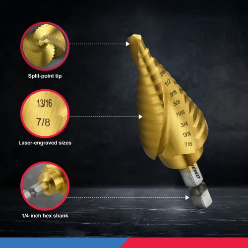 neiko 10181a step drill bit set 3 piece spiral grooved for faster drilling step bits for stainless steel metal wood plastic unibit cone drill bits with 31 step sizes total