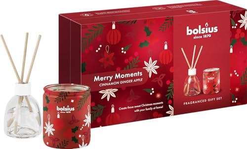 Bolsius - Cofanetto Regalo - Merry Moments - Candela Profumata e Diffusore a Steli con la Fragranza Calda delle Spezie Invernali - Cera Vegetale naturale e Vegana - Senza Olio di Palma