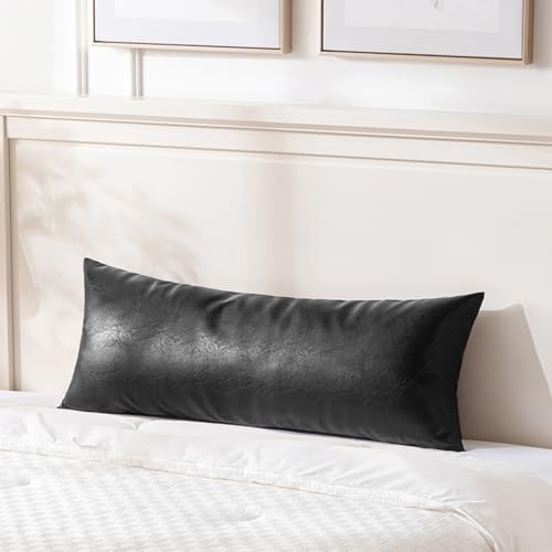 Fancy Homi Black Boho Long Lumbar Faux Leather Body Decorative Throw Pillow Cover 14x36 Inch for Bedroom Couch Bed Sofa Bench, Thick Stylish Solid Square PillowCase, Rustic Modern Farmhouse Room Decor