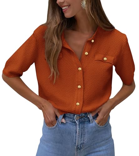 PRETTYGARDEN Women's Summer Button Down Shirts Casual Short Sleeve Crew Neck Ribbed Knit Blouse Top Cardigans