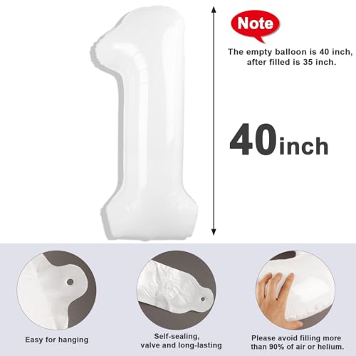Image of 1 Balloon Numbers Birthday Decorations, 40In White Balloons for Men Women | Eye-catching Appearance, Perfect Decorative Centerpieces, Convenient Self-sealing Structure, Widely for Various Occasions