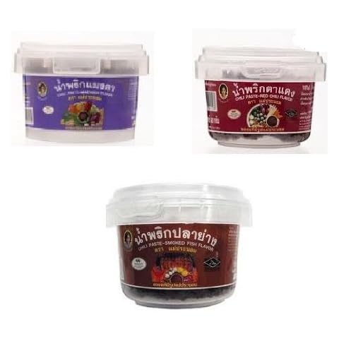 Mae Pranom Chilli-paste Maengda Flavour + Mae Pranom Paste-red Chilli Flavour + Mae Pranom Smoked Fish Paste 90 G Each Cover